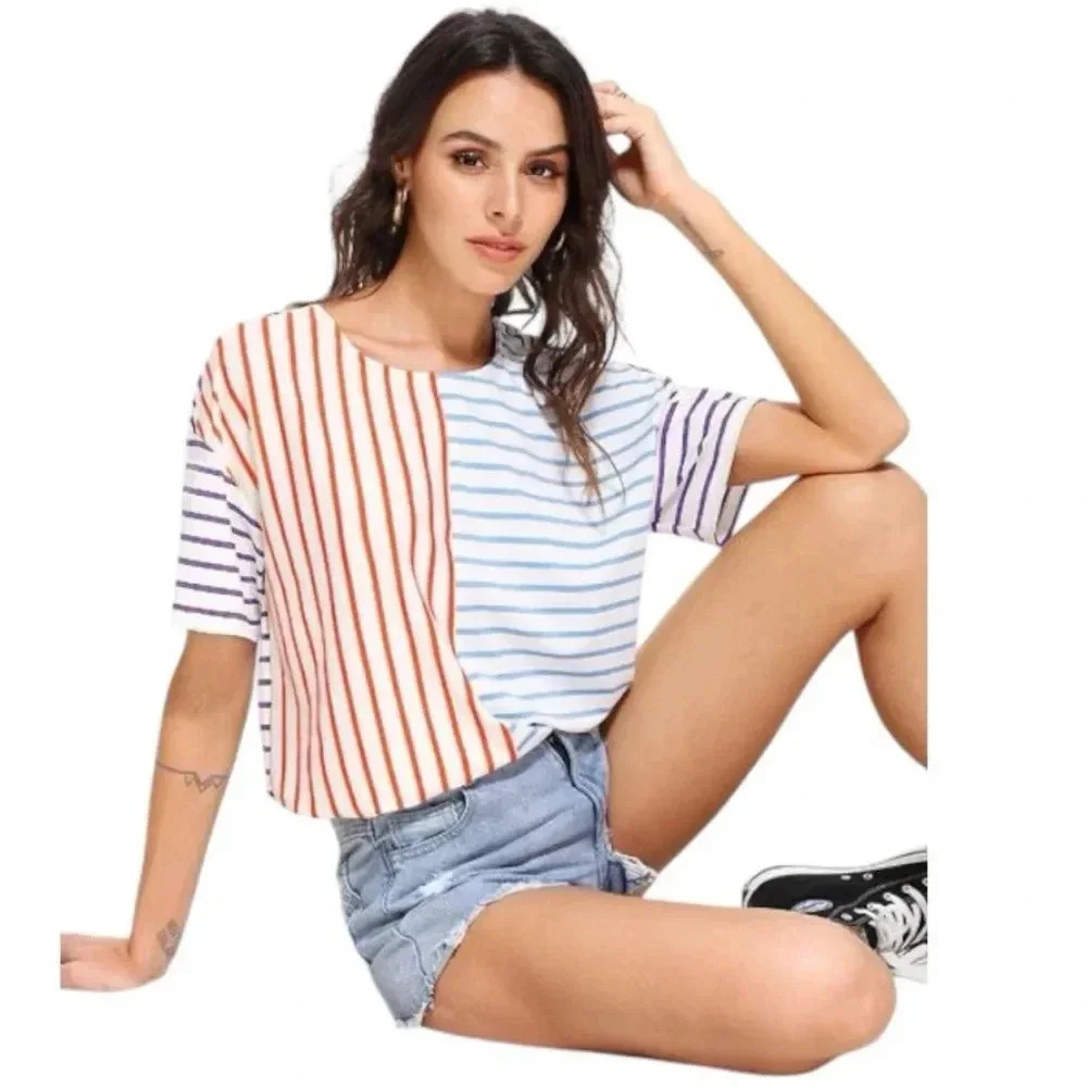 MADEWELL | Luxe Boxy-Crop Short Sleeve Tee in Colorblock Stripes Size XS
